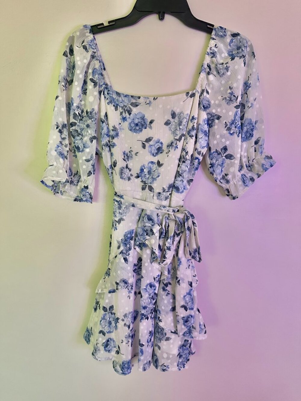 Romantic Blue Floral Swiss Dot Mini Dress w/ Silver Metallic Thread L | Juniors